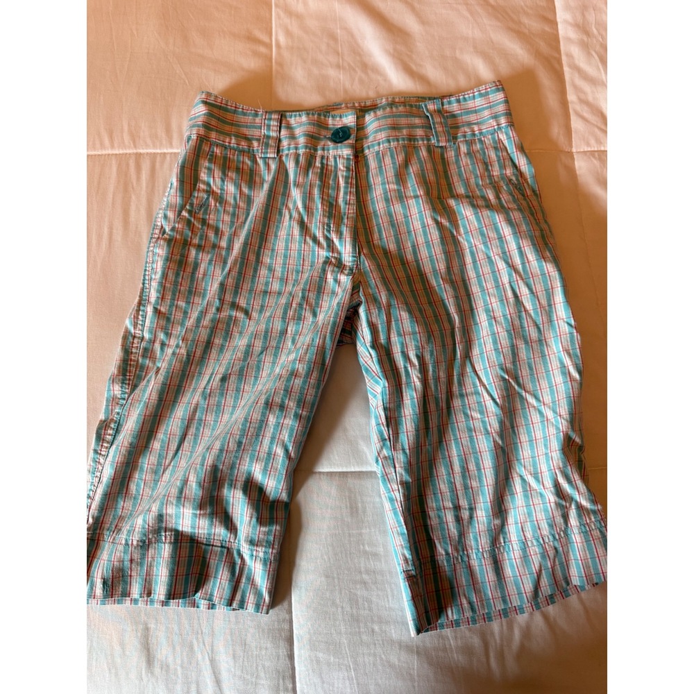 Lija Womens Plaid Bermuda Shorts Teal Red White Stretch Golf Activewear Size 2